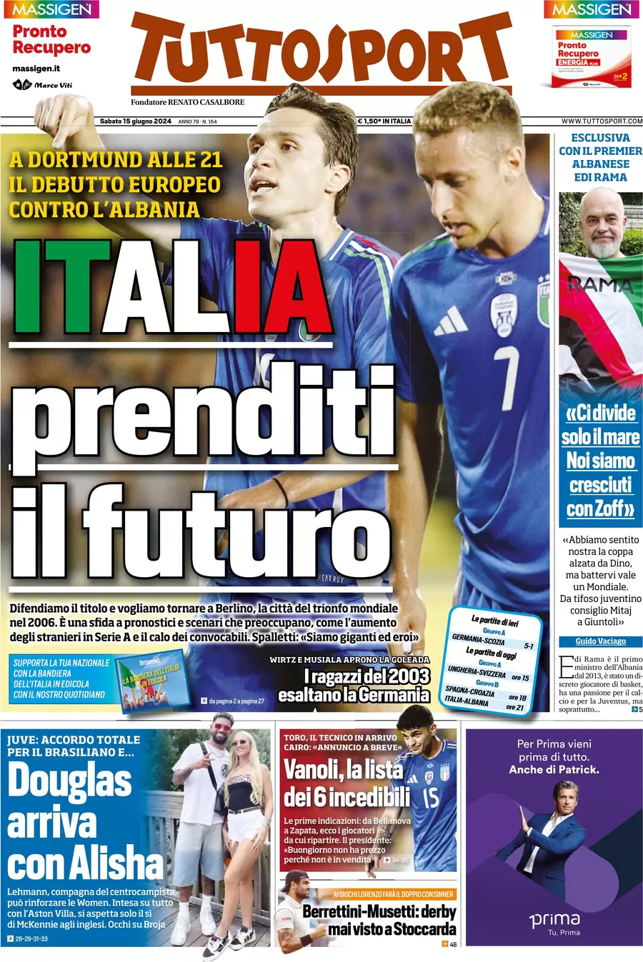 anteprima della prima pagina di tuttosport del 15/06/2024