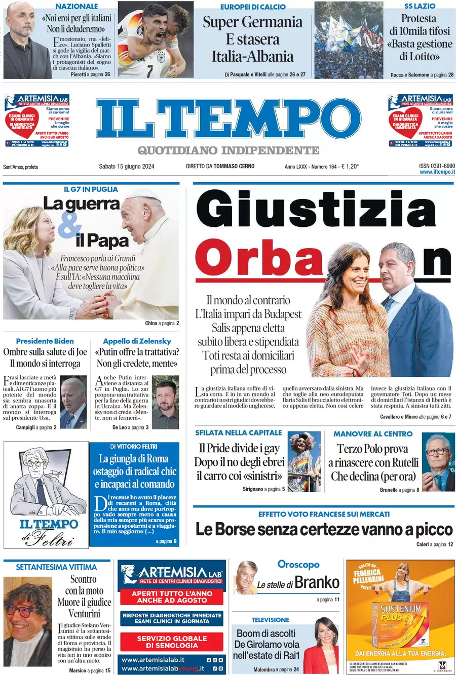 anteprima della prima pagina di il-tempo del 15/06/2024