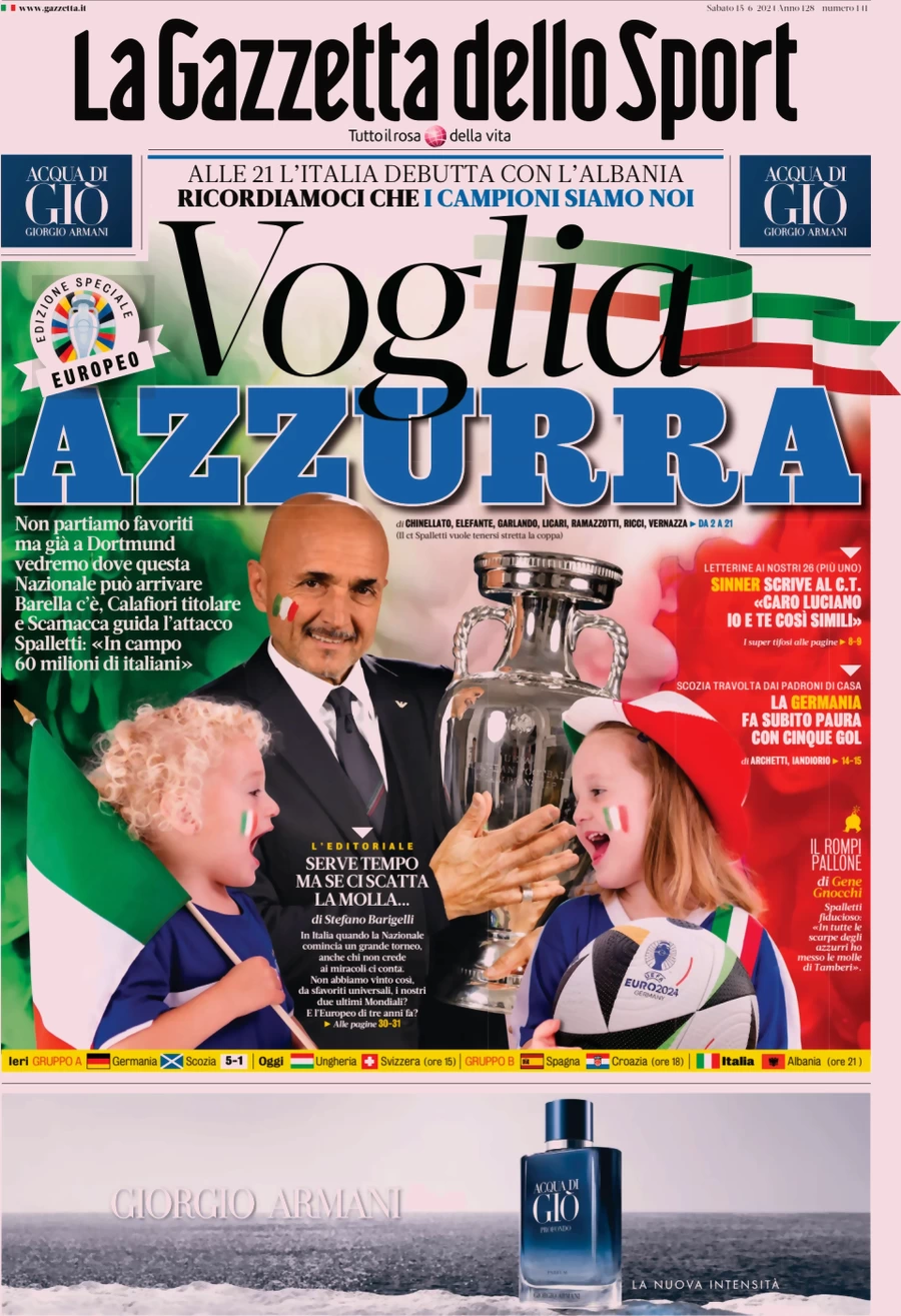 anteprima della prima pagina di la-gazzetta-dello-sport del 15/06/2024
