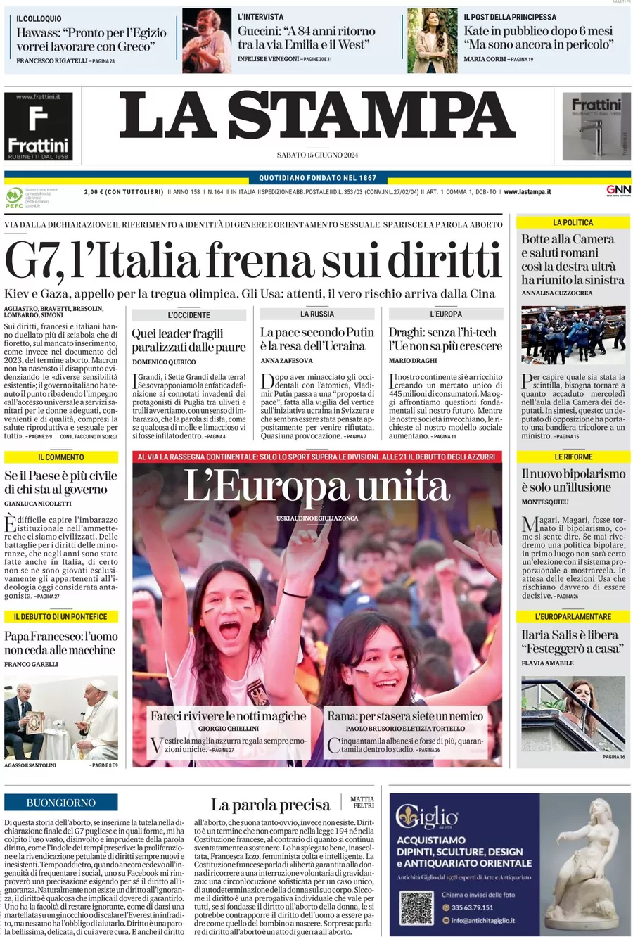 anteprima della prima pagina di la-stampa del 15/06/2024