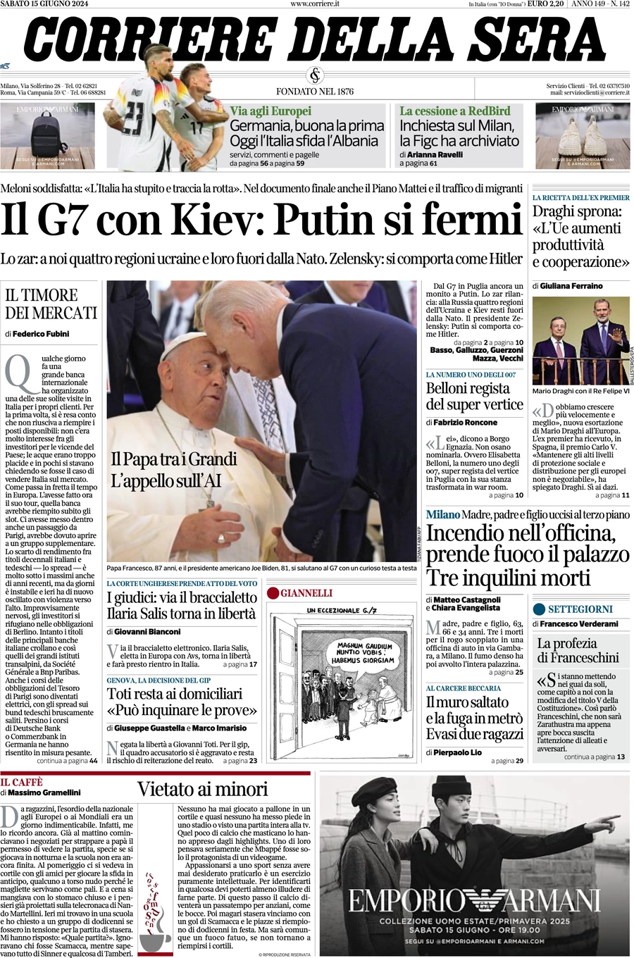 anteprima della prima pagina di corriere-della-sera del 15/06/2024