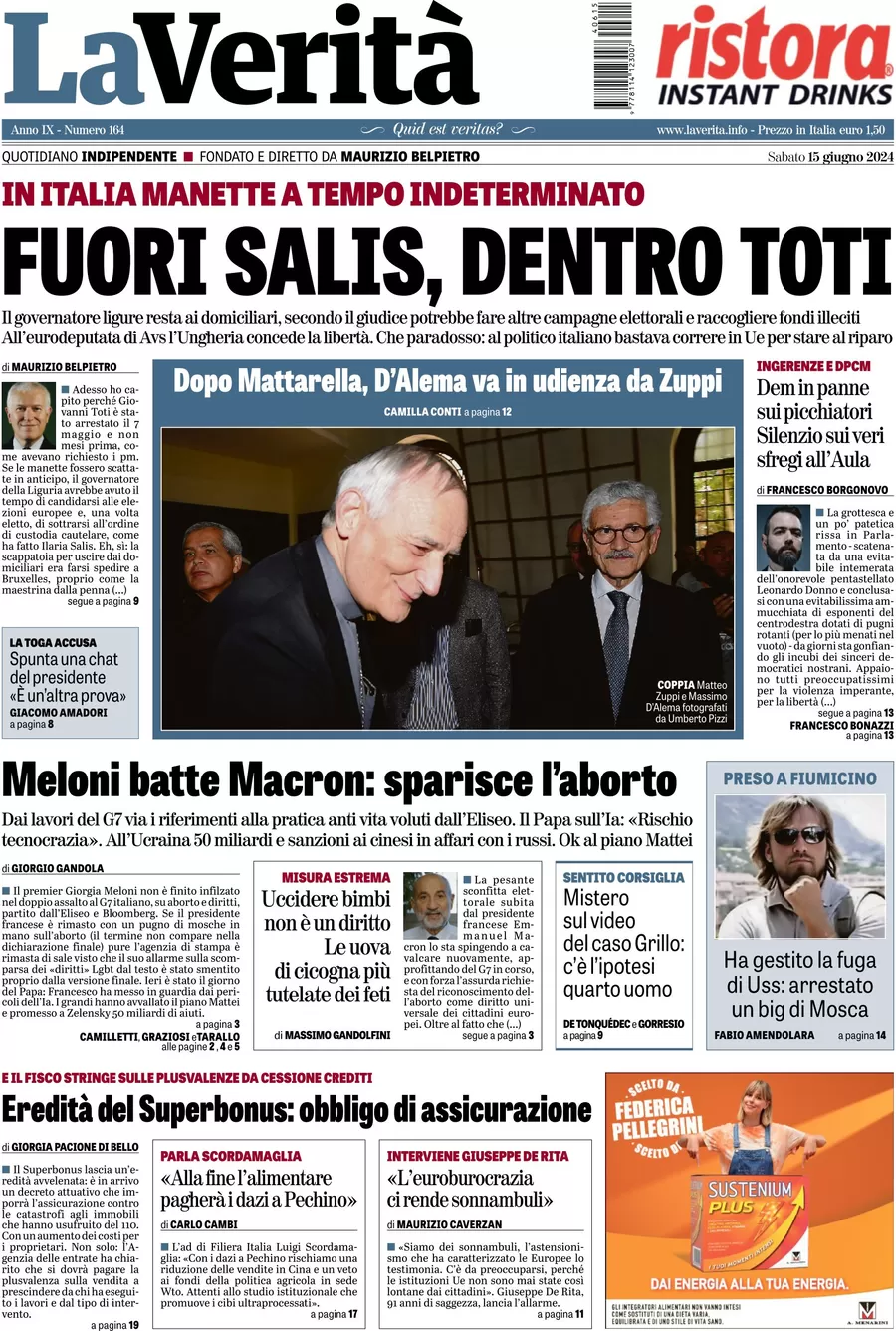 anteprima della prima pagina di la-verit del 15/06/2024
