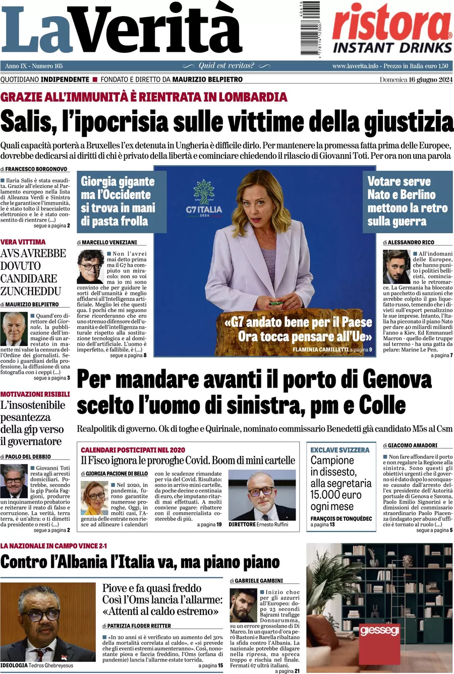 anteprima della prima pagina di la-verit del 16/06/2024