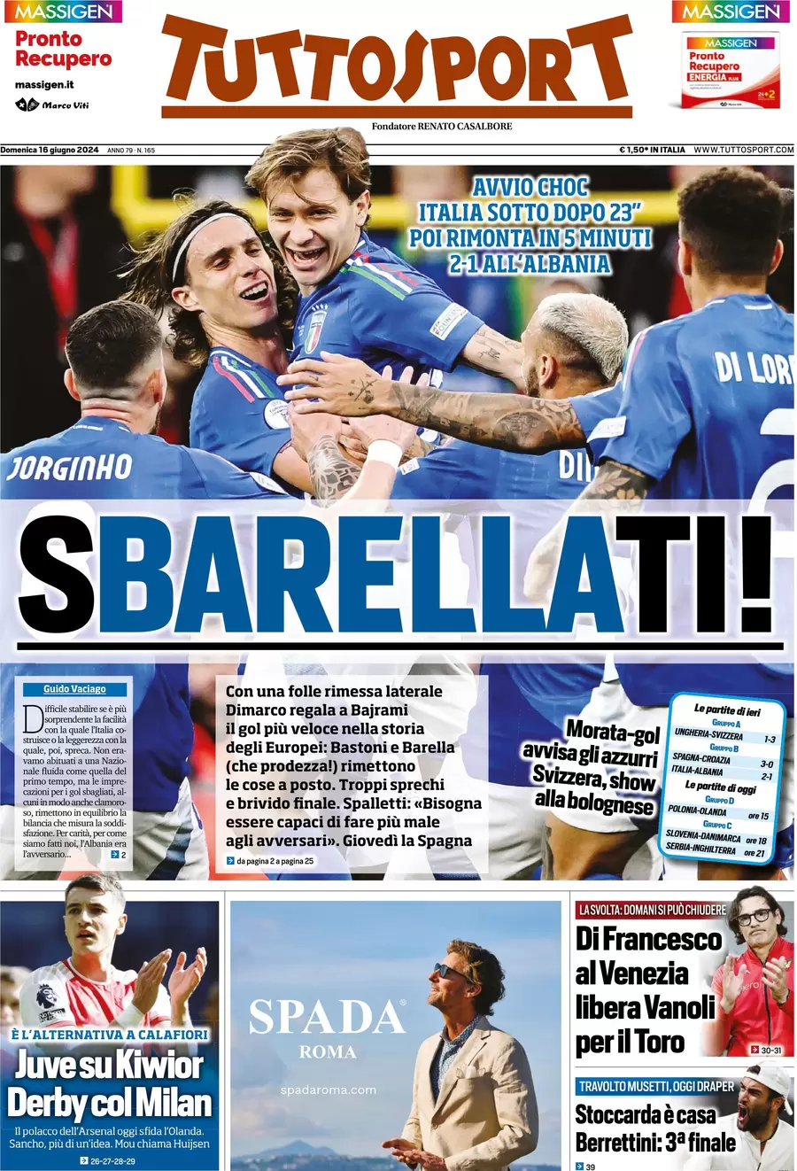 anteprima della prima pagina di tuttosport del 16/06/2024