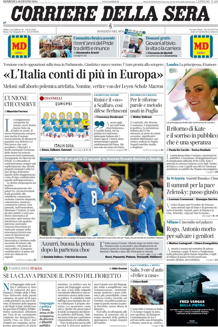 anteprima della prima pagina di corriere-della-sera del 16/06/2024