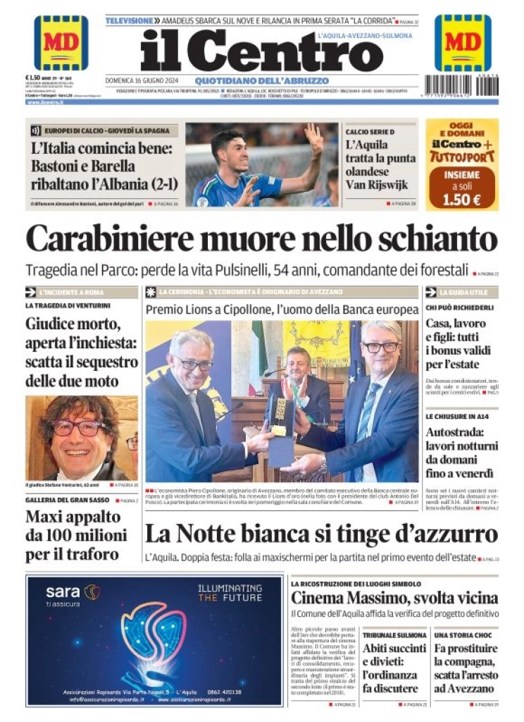 anteprima della prima pagina di il-centro-laquila del 16/06/2024