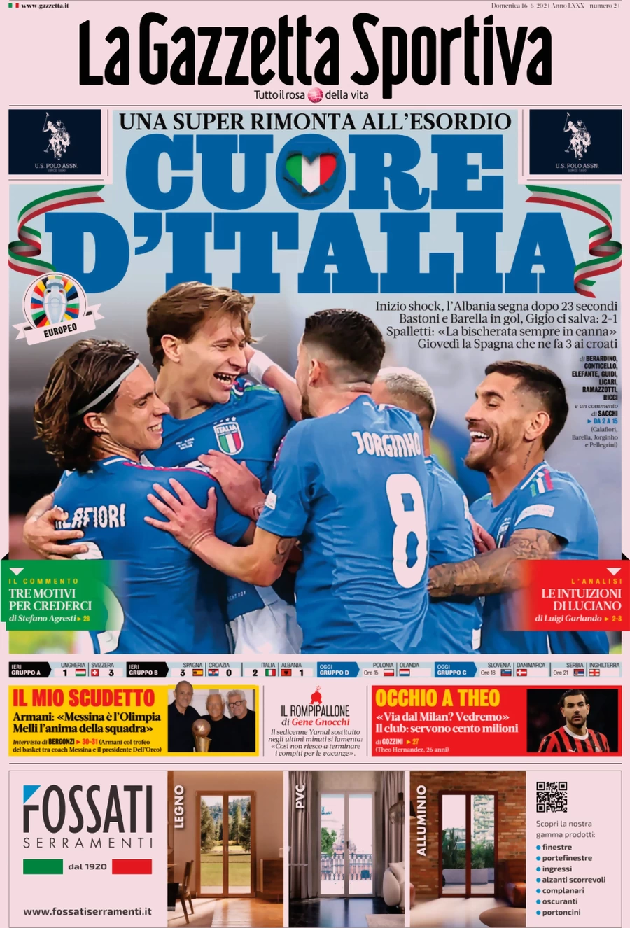 anteprima della prima pagina di la-gazzetta-dello-sport del 16/06/2024