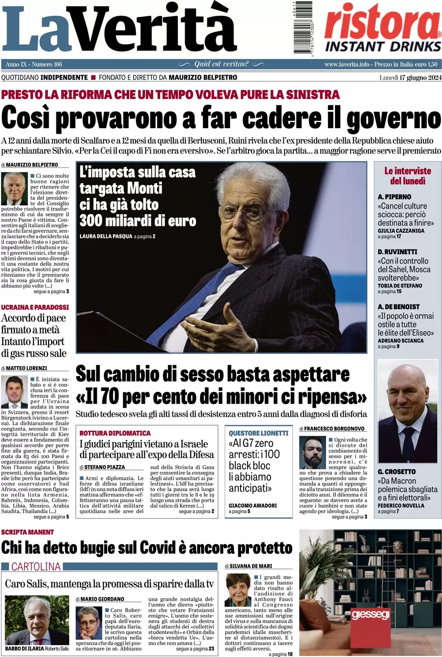 anteprima della prima pagina di la-verit del 17/06/2024