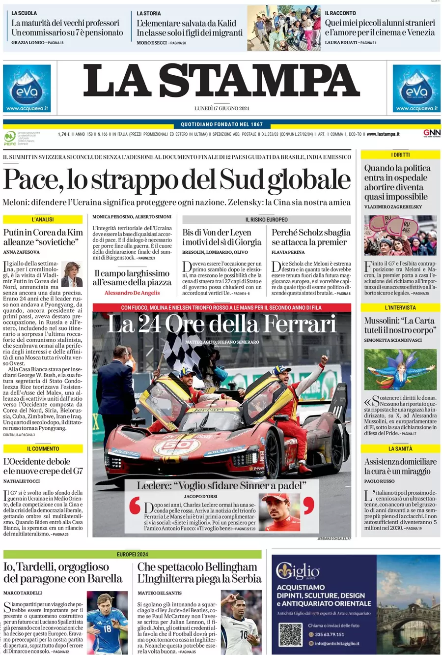 anteprima della prima pagina di la-stampa del 17/06/2024