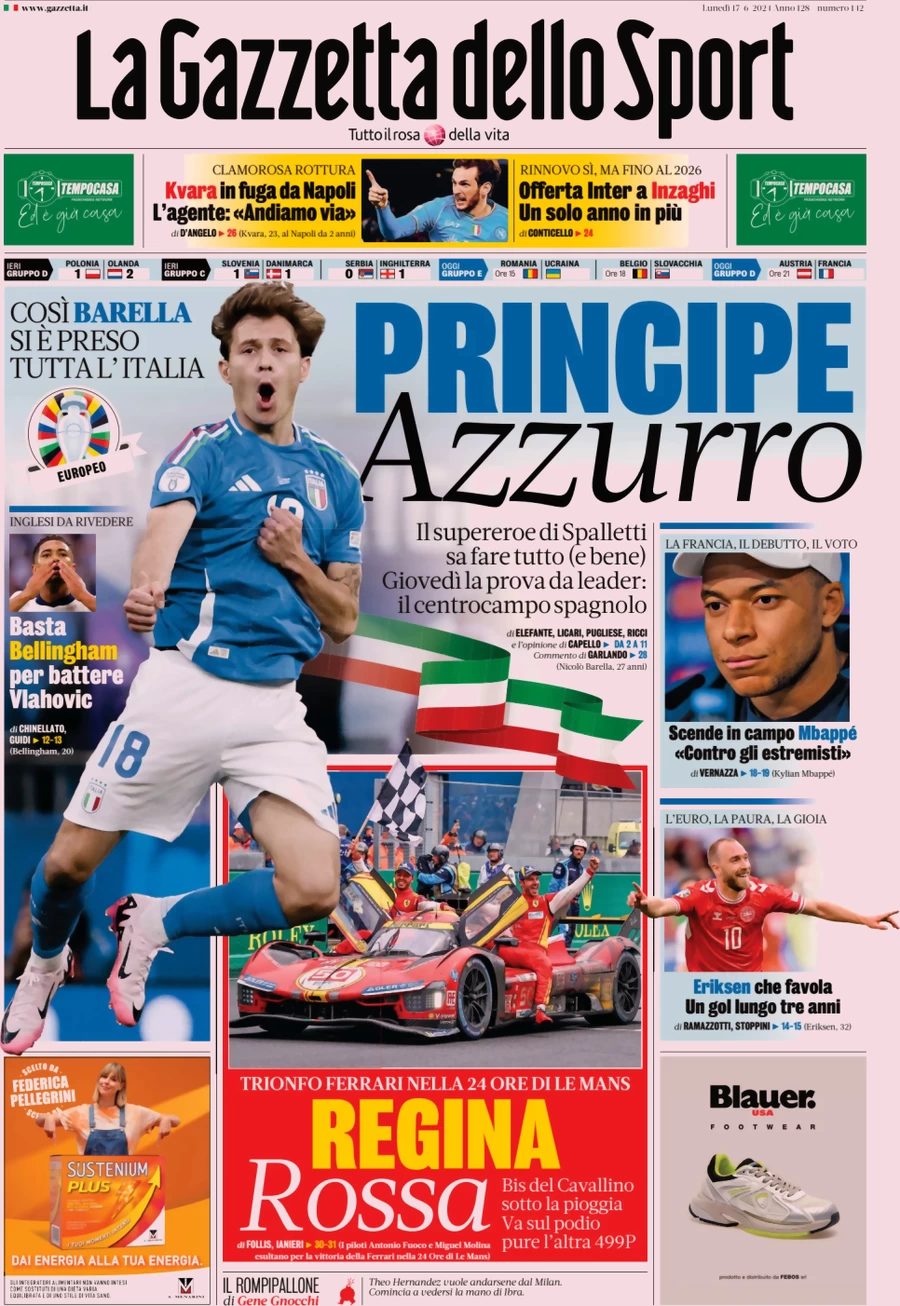 anteprima della prima pagina di la-gazzetta-dello-sport del 17/06/2024