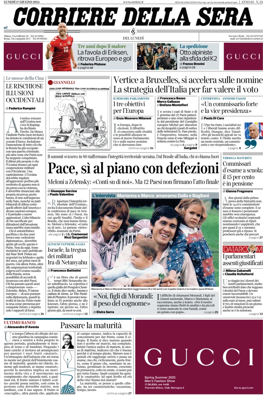 anteprima della prima pagina di corriere-della-sera del 17/06/2024