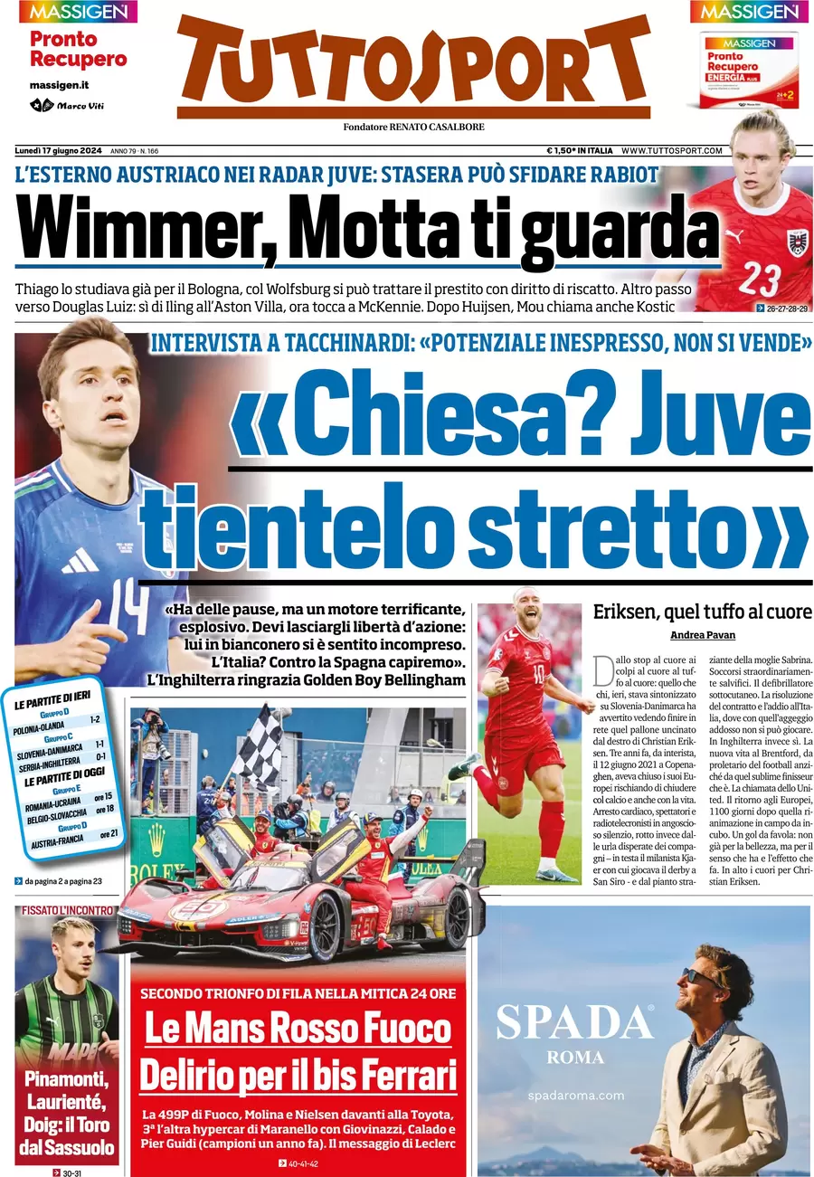 anteprima della prima pagina di tuttosport del 17/06/2024
