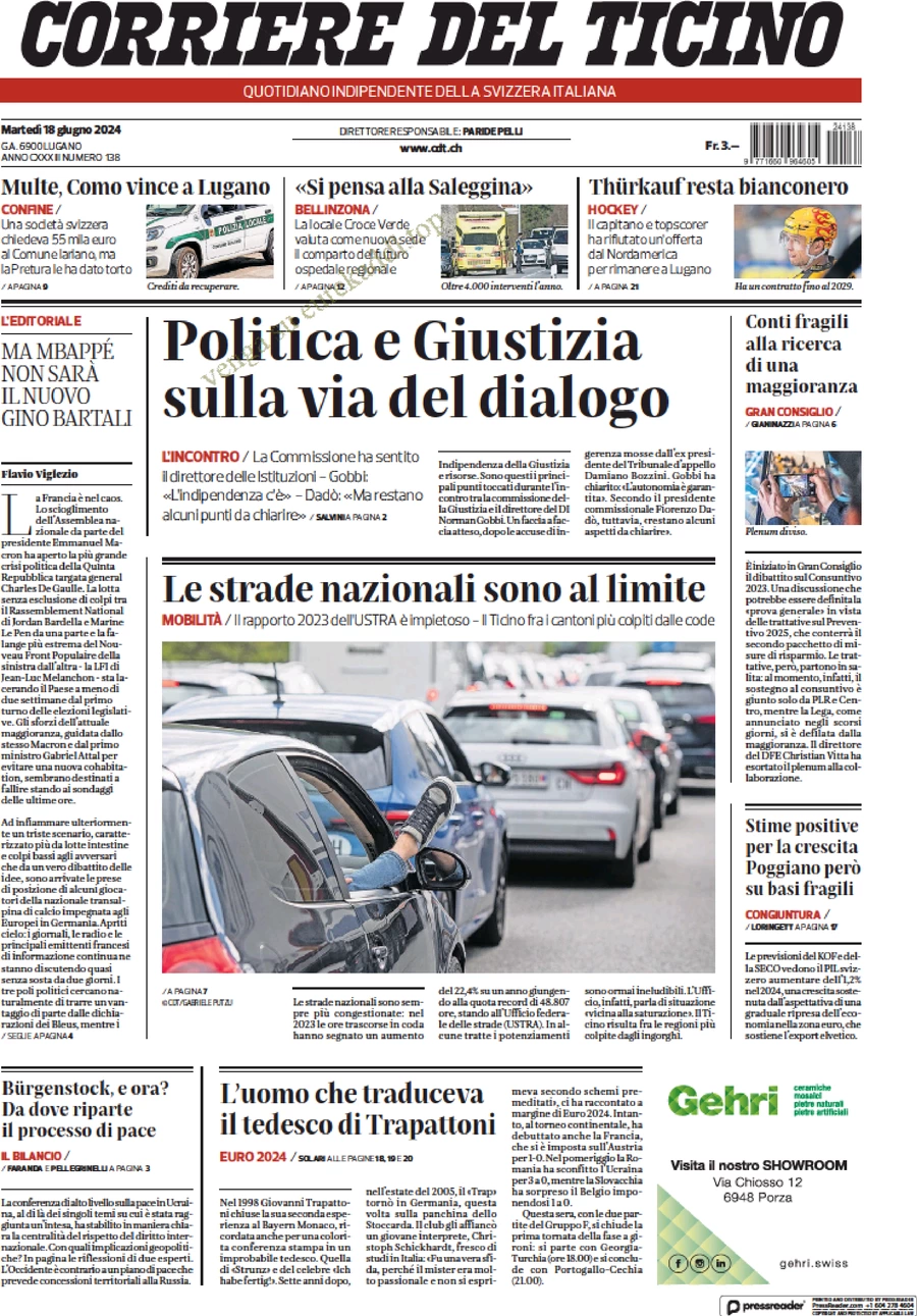 anteprima della prima pagina di corriere-del-ticino del 18/06/2024