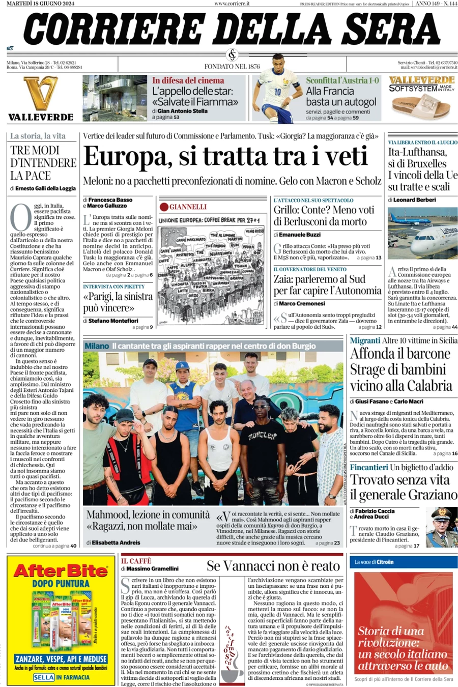 anteprima della prima pagina di corriere-della-sera del 18/06/2024