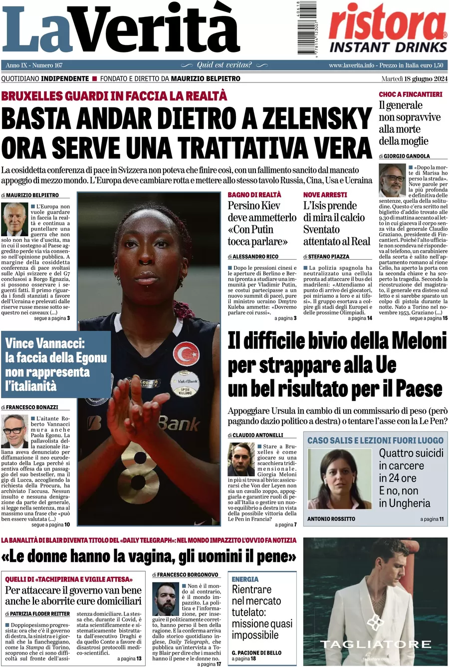 anteprima della prima pagina di la-verit del 18/06/2024