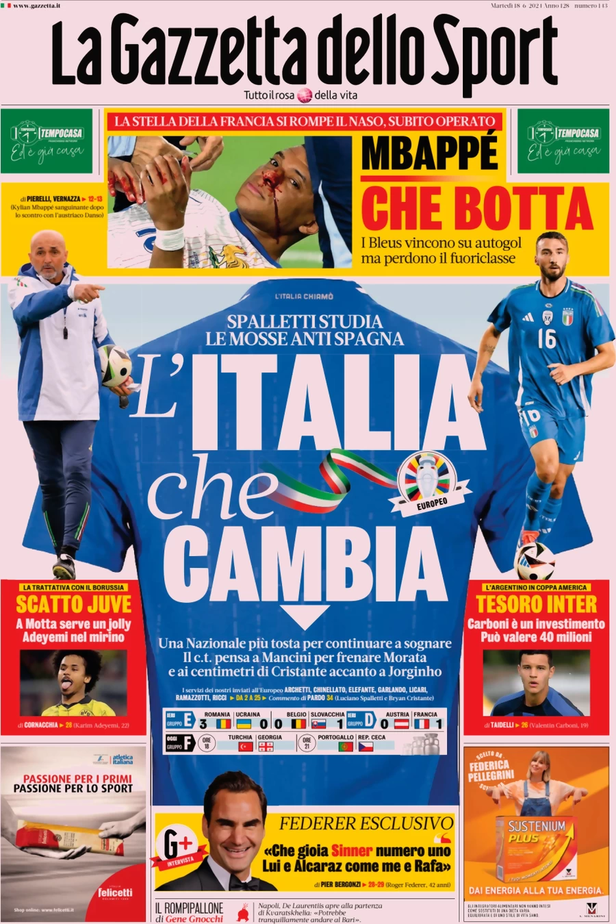 anteprima della prima pagina di la-gazzetta-dello-sport del 18/06/2024