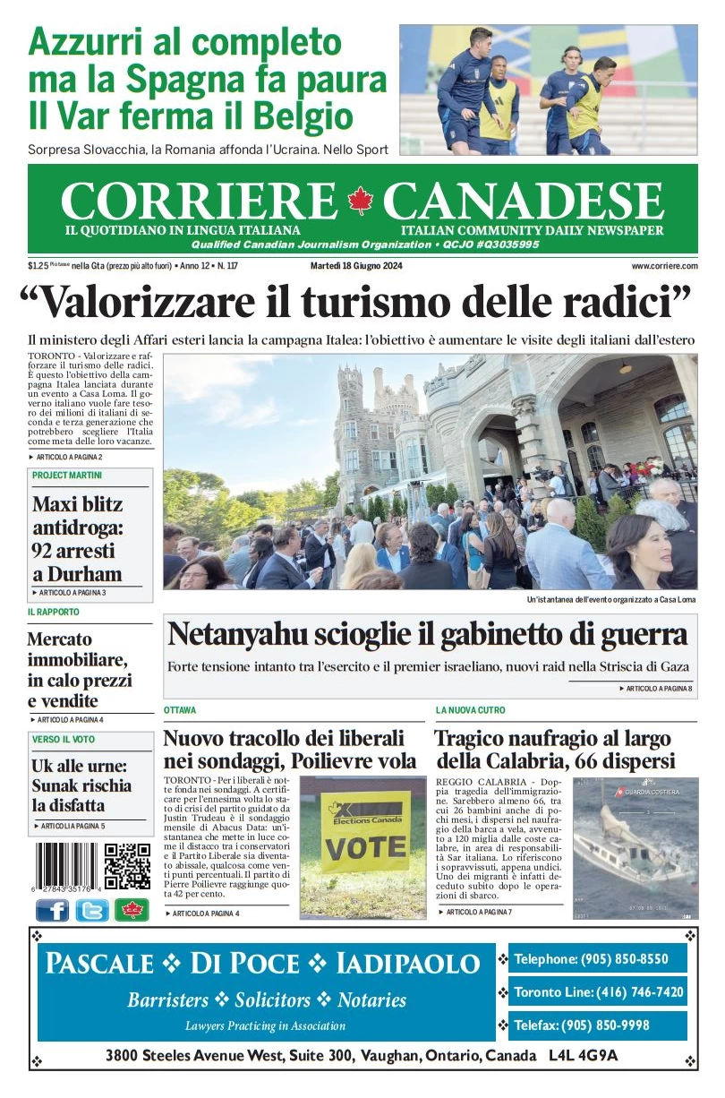 anteprima della prima pagina di corriere-canadese del 18/06/2024