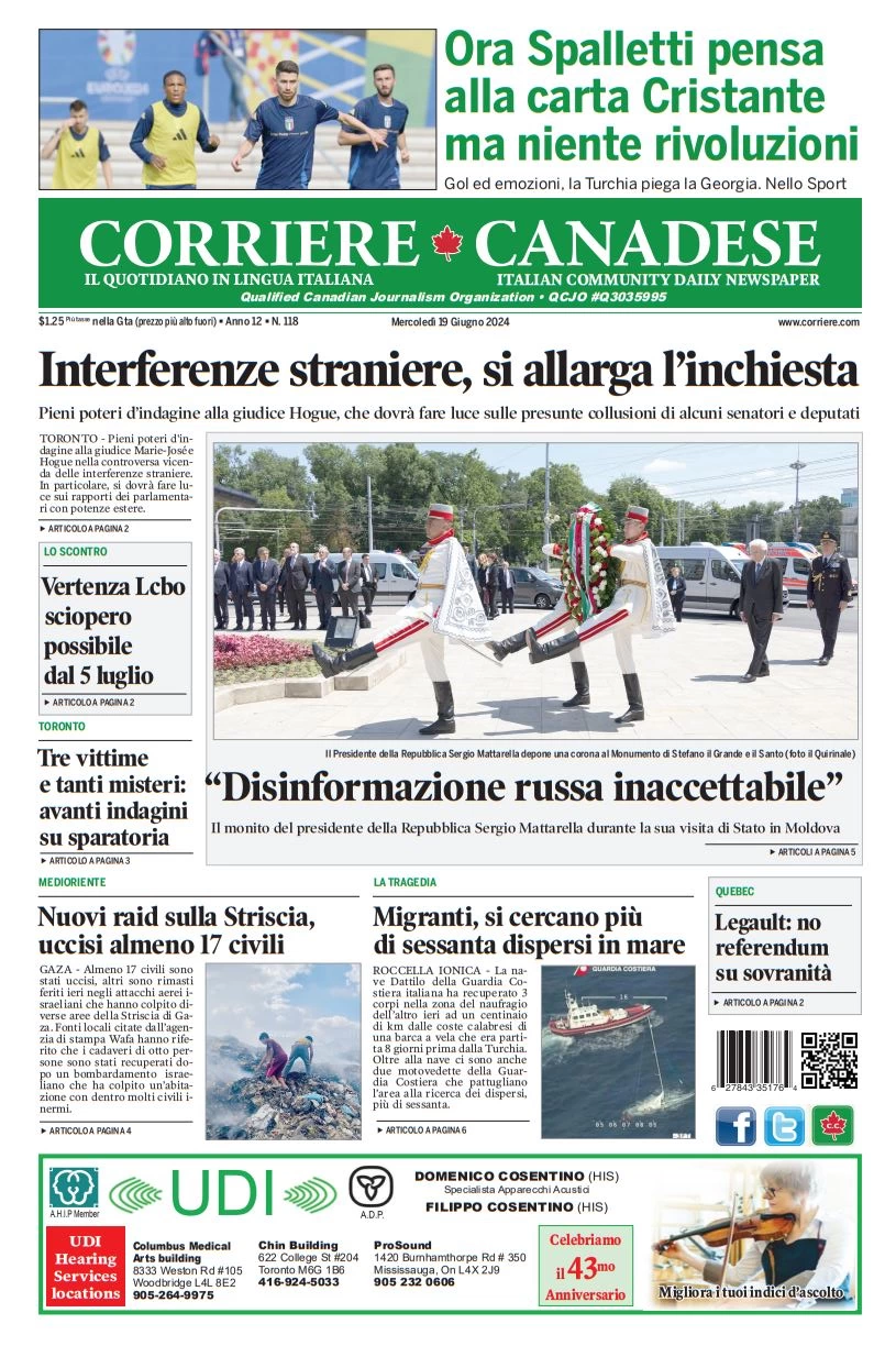 anteprima della prima pagina di corriere-canadese del 19/06/2024