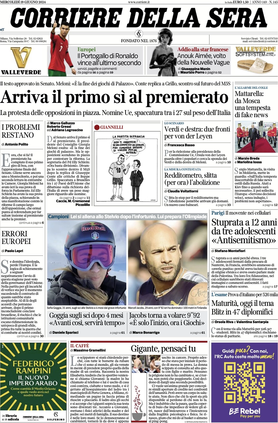 anteprima della prima pagina di corriere-della-sera del 19/06/2024