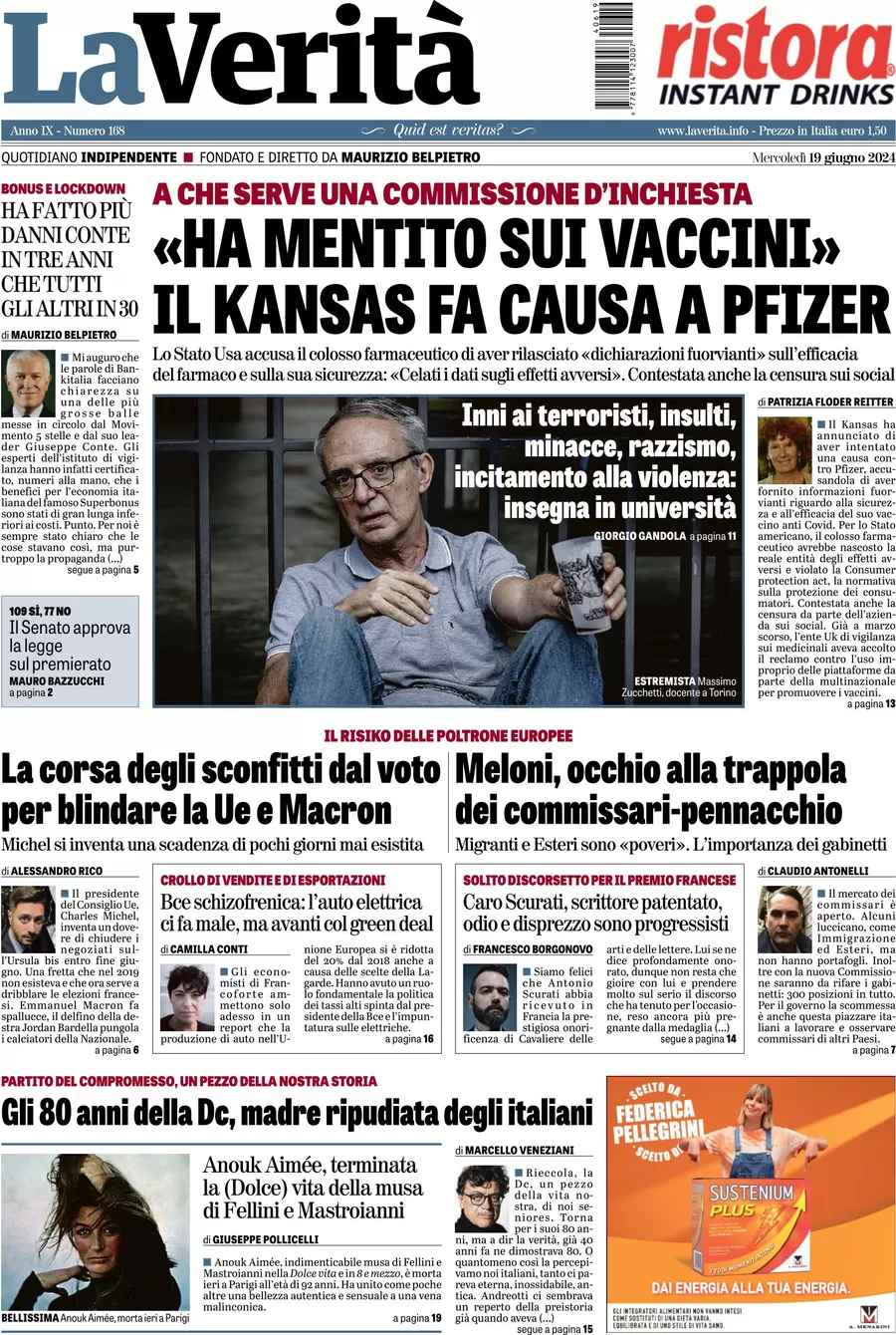 anteprima della prima pagina di la-verit del 19/06/2024