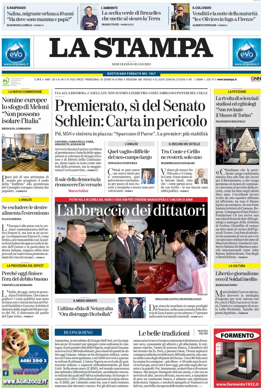 anteprima della prima pagina di la-stampa del 19/06/2024