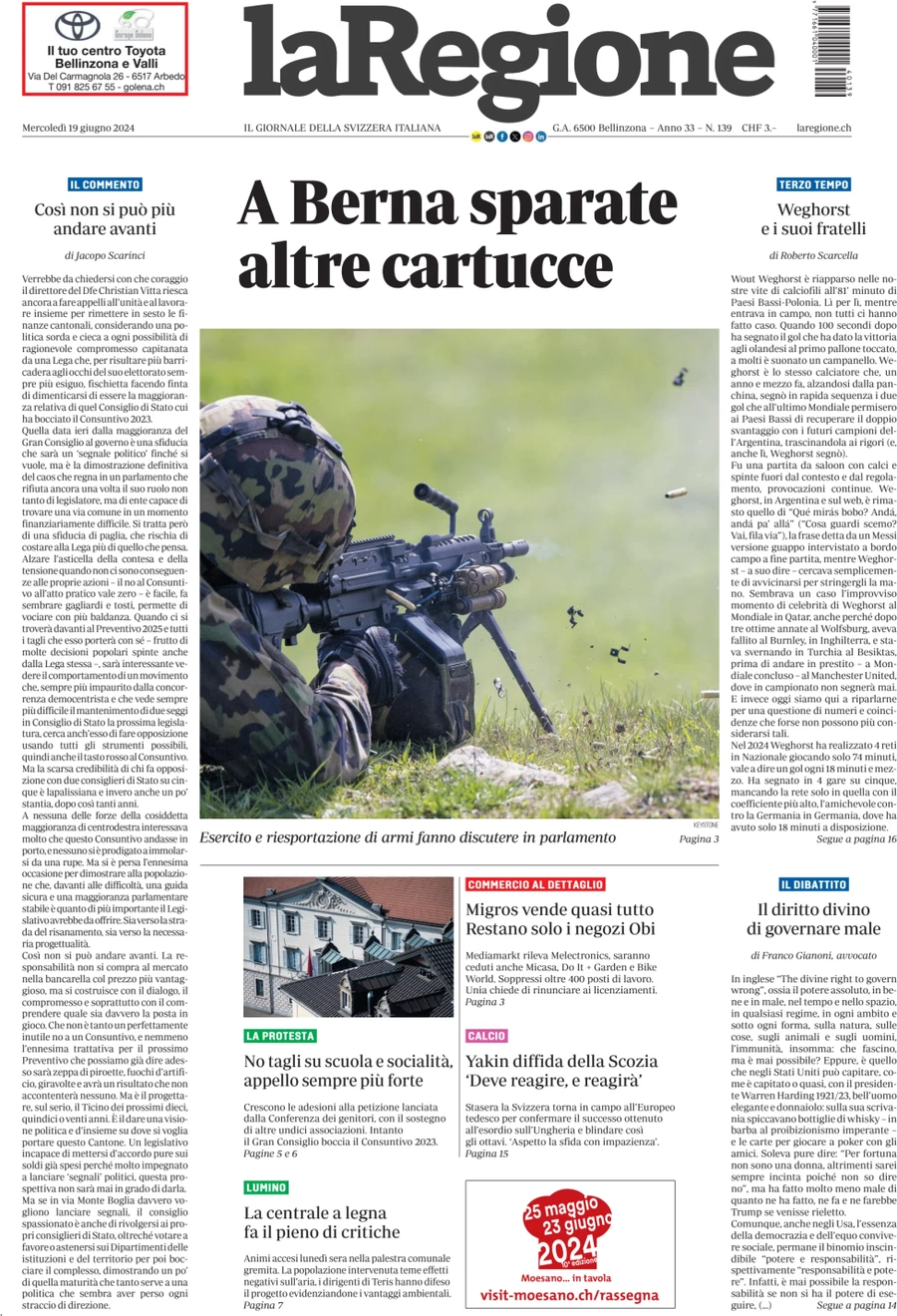 anteprima della prima pagina di la-regione del 19/06/2024