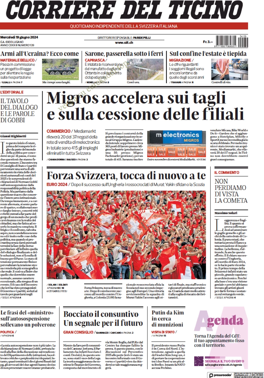 anteprima della prima pagina di corriere-del-ticino del 19/06/2024