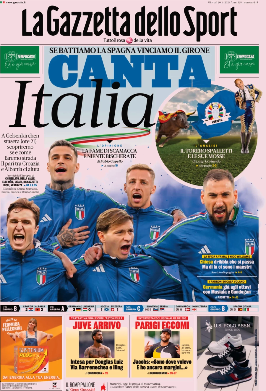 anteprima della prima pagina di la-gazzetta-dello-sport del 20/06/2024