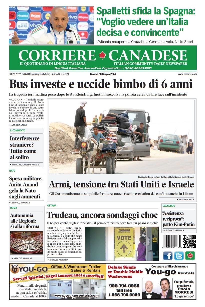 anteprima della prima pagina di corriere-canadese del 20/06/2024