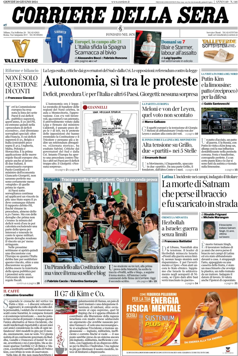 anteprima della prima pagina di corriere-della-sera del 20/06/2024