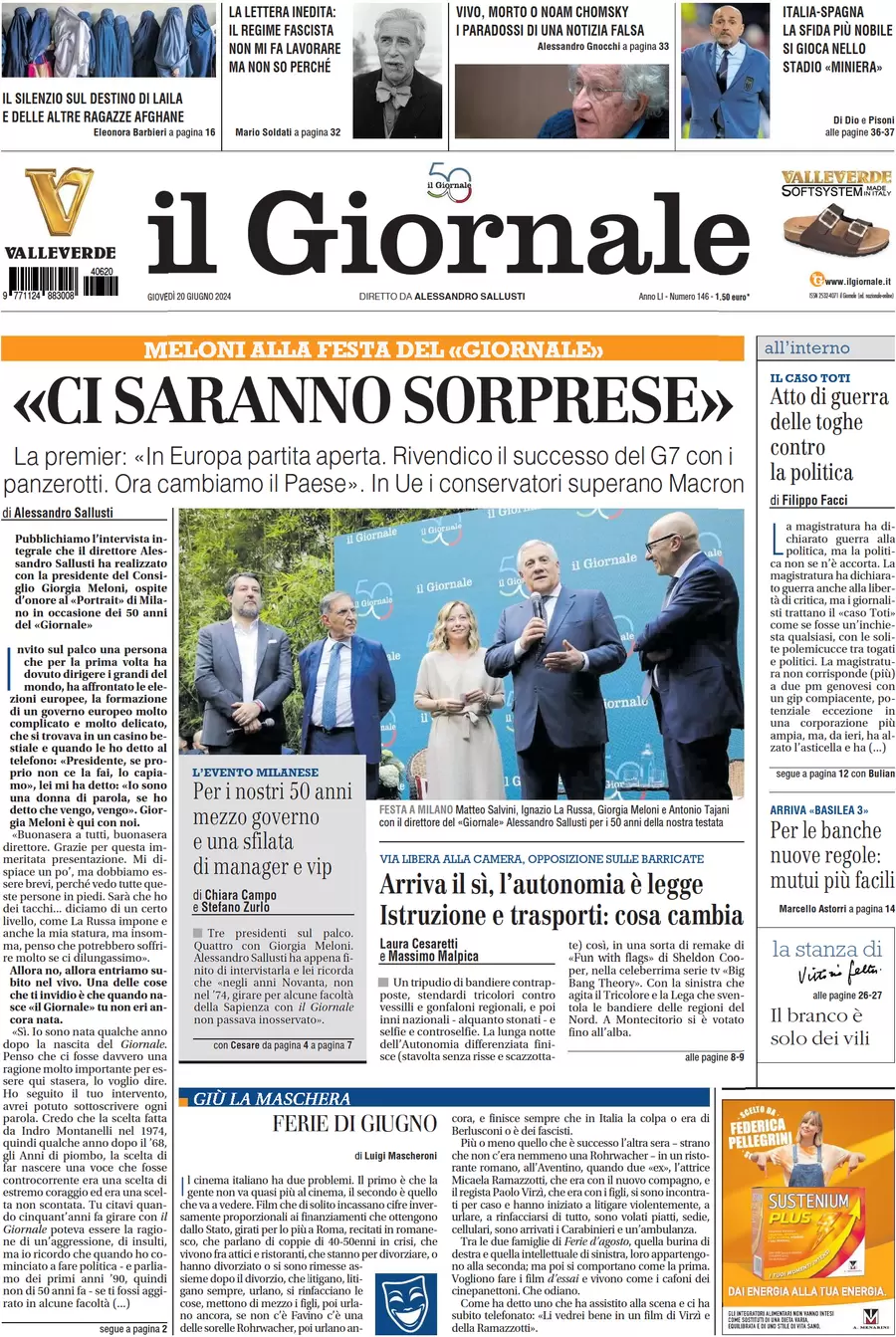 anteprima della prima pagina di il-giornale del 20/06/2024