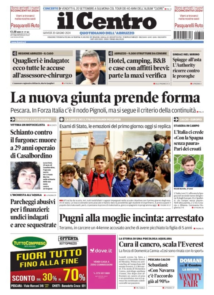 anteprima della prima pagina di il-centro-pescara del 20/06/2024