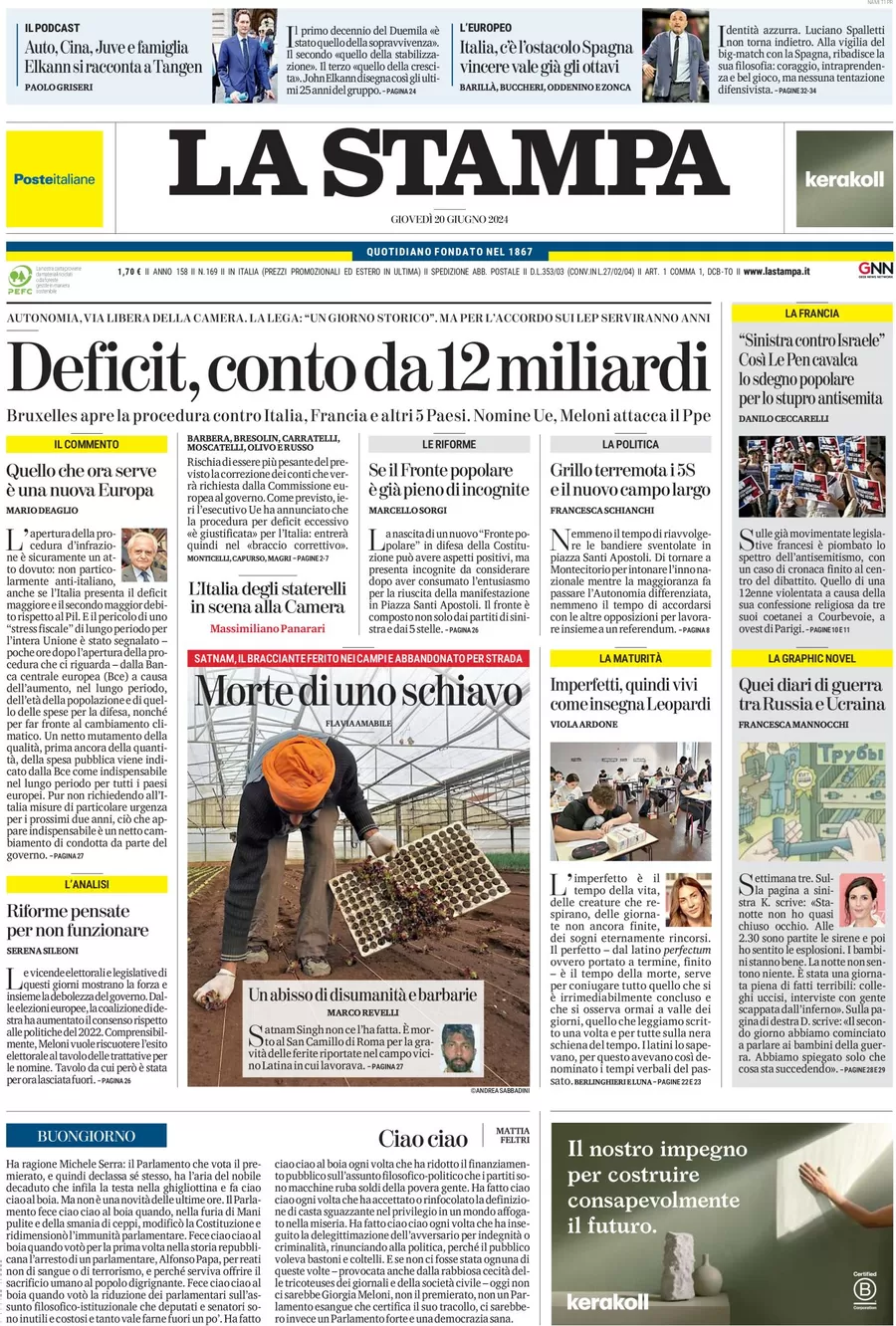 anteprima della prima pagina di la-stampa del 20/06/2024