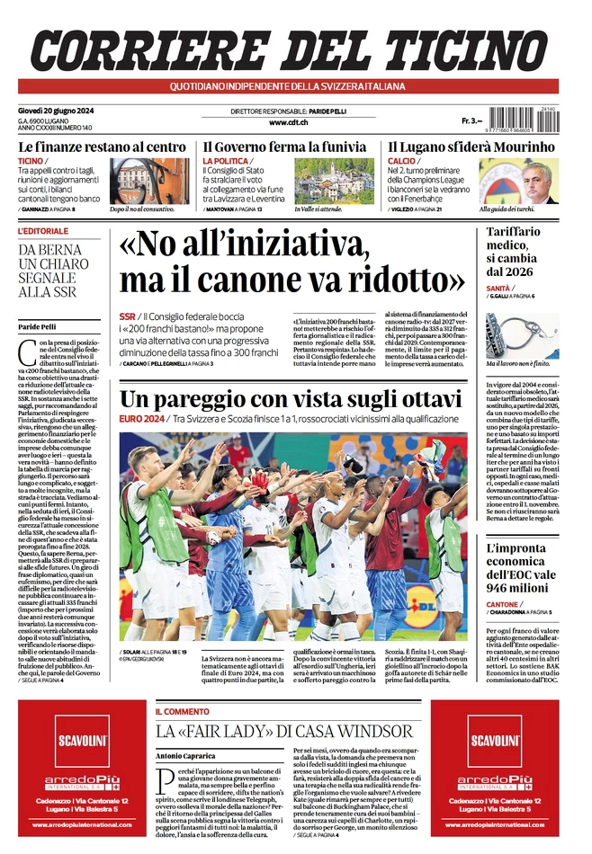 anteprima della prima pagina di corriere-del-ticino del 20/06/2024