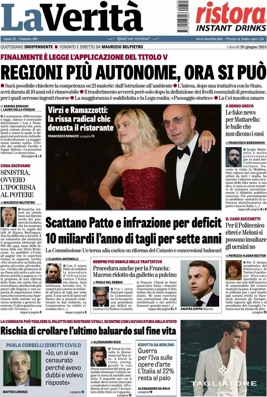 anteprima della prima pagina di la-verit del 20/06/2024