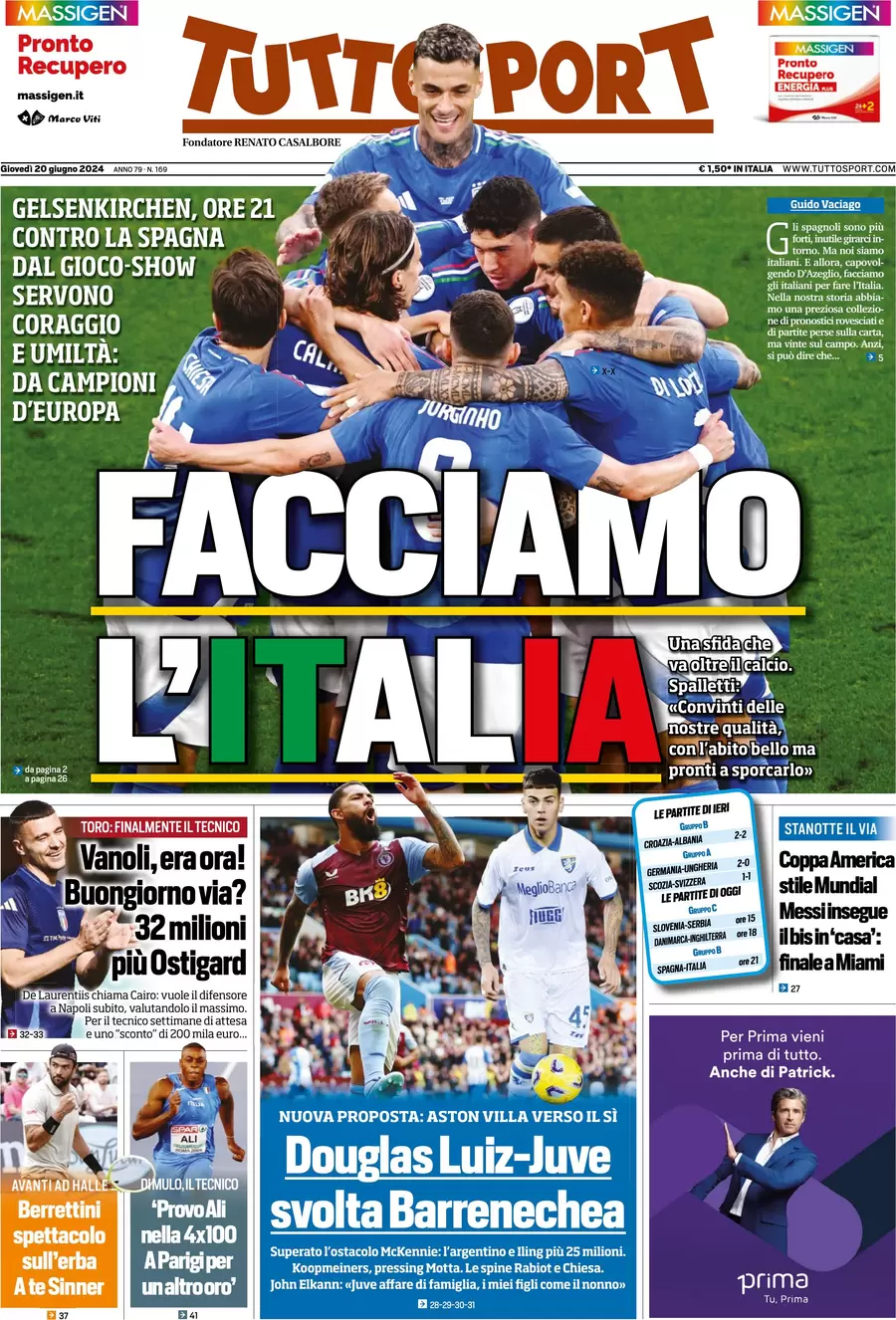 anteprima della prima pagina di tuttosport del 20/06/2024