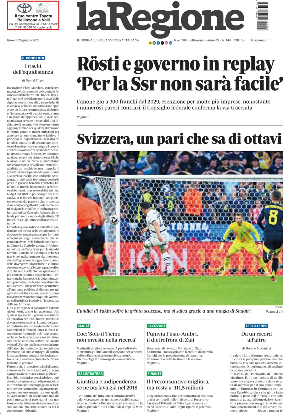 anteprima della prima pagina di la-regione del 20/06/2024