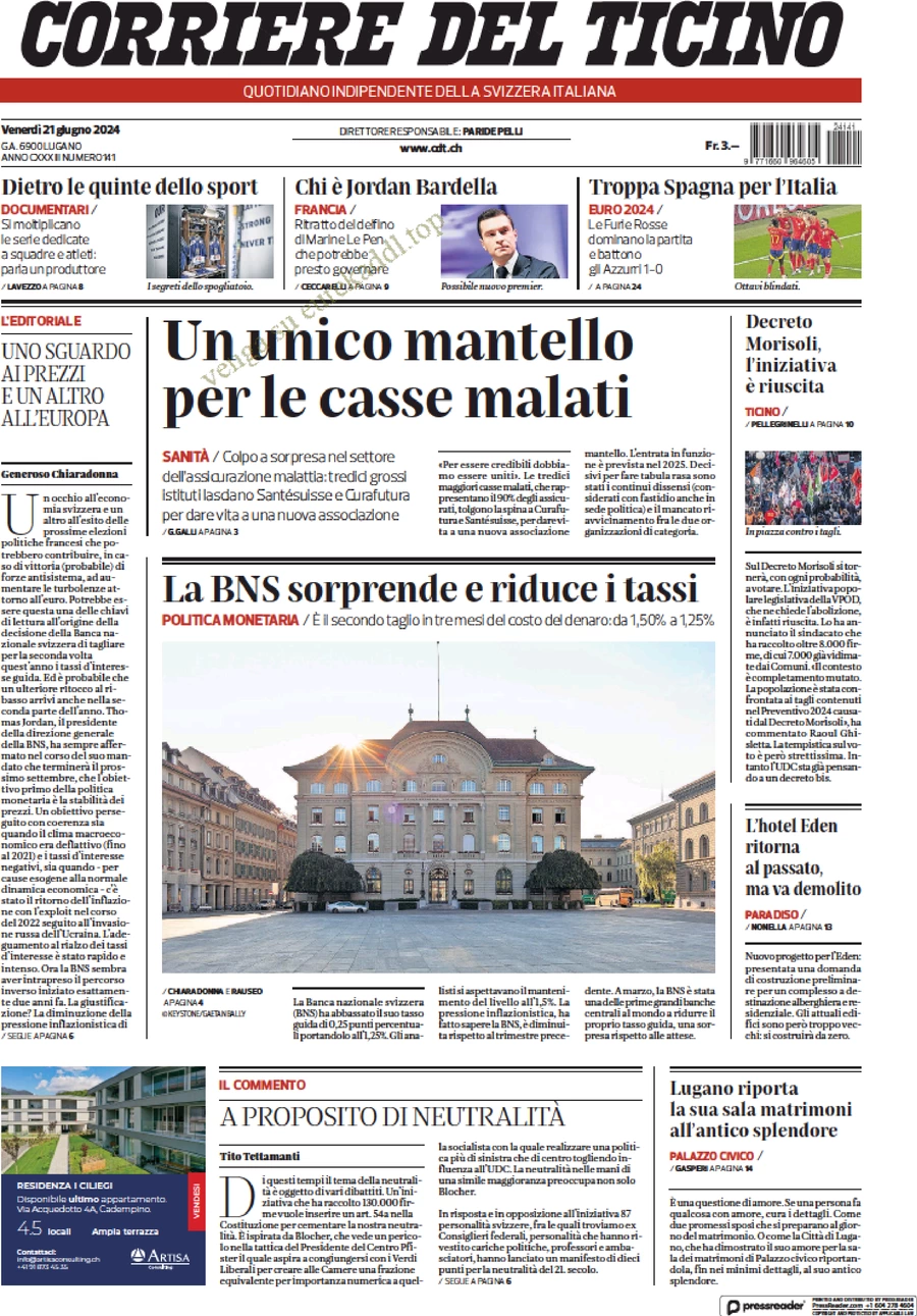 anteprima della prima pagina di corriere-del-ticino del 21/06/2024