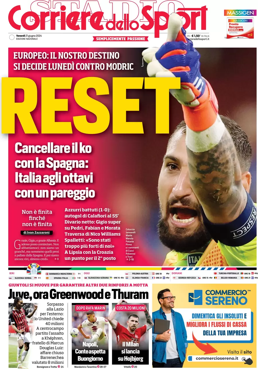 anteprima della prima pagina di corriere-dello-sport del 21/06/2024
