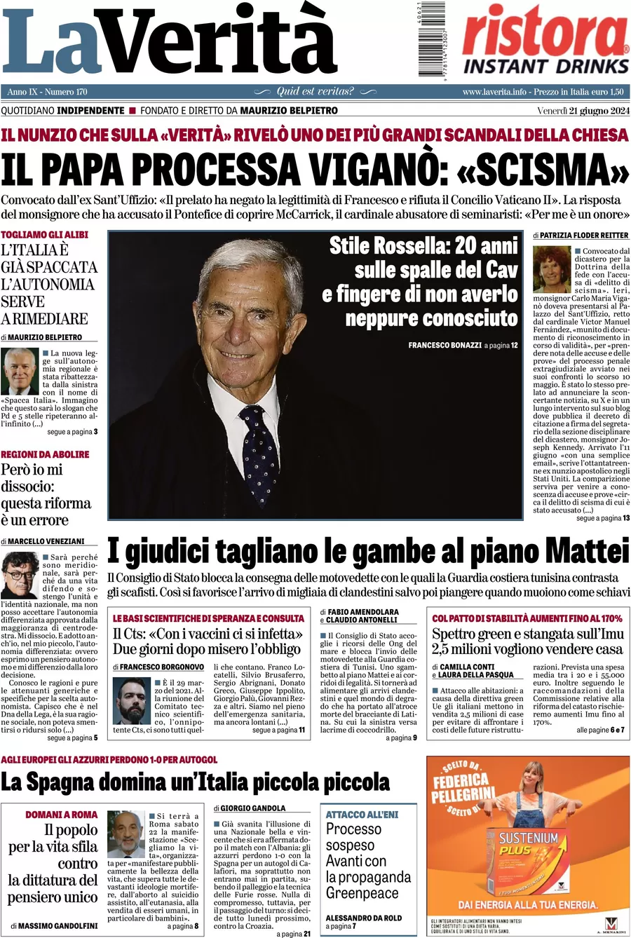 anteprima della prima pagina di la-verit del 21/06/2024