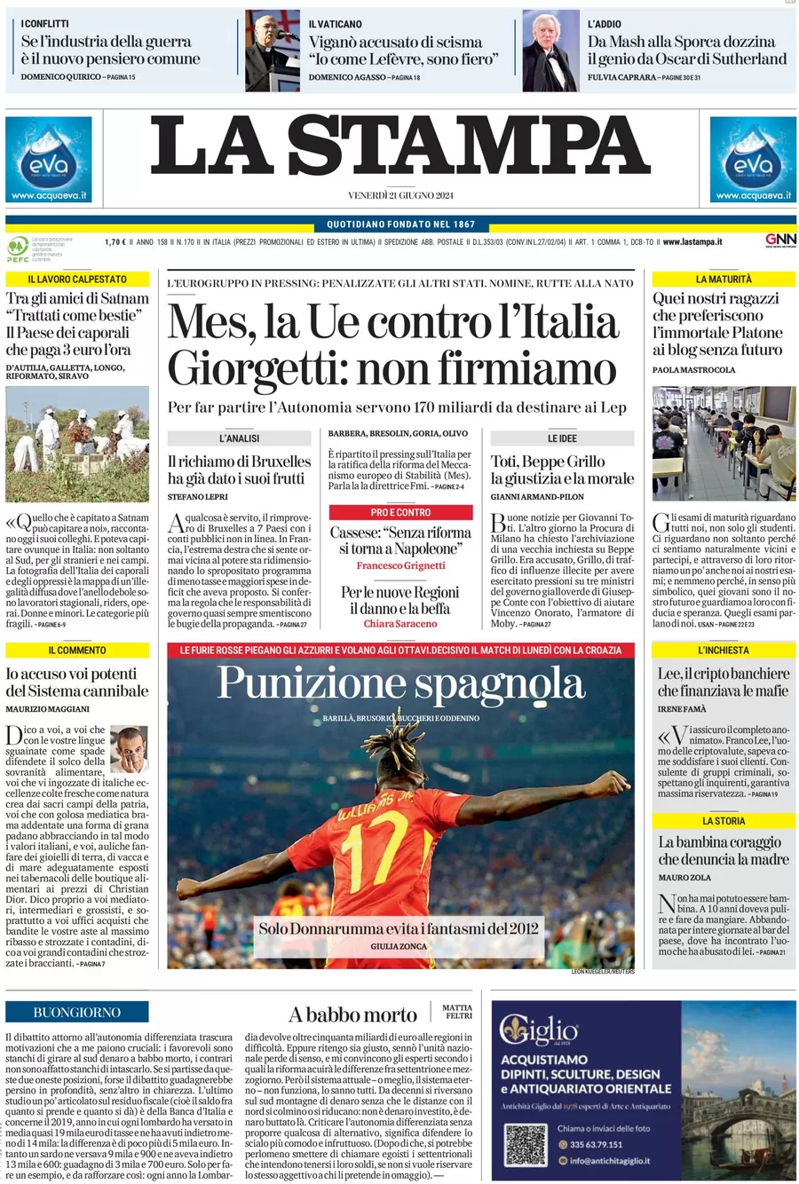 anteprima della prima pagina di la-stampa del 21/06/2024