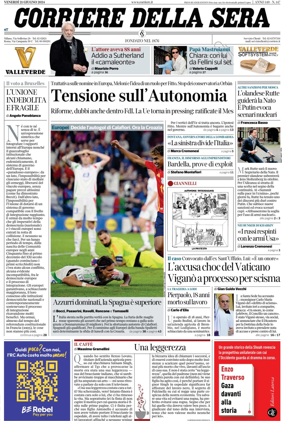 anteprima della prima pagina di corriere-della-sera del 21/06/2024