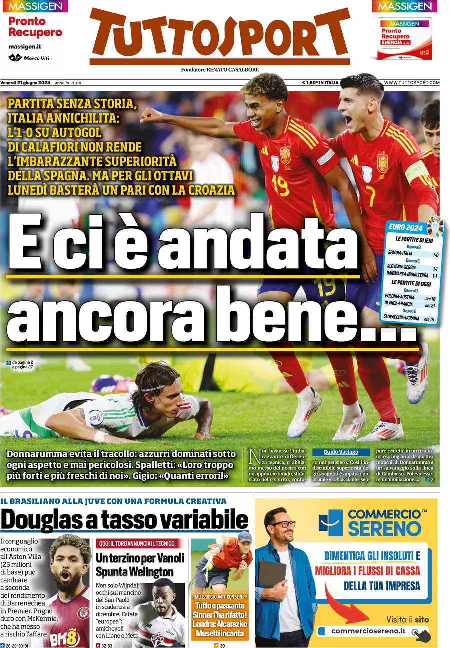 anteprima della prima pagina di tuttosport del 21/06/2024