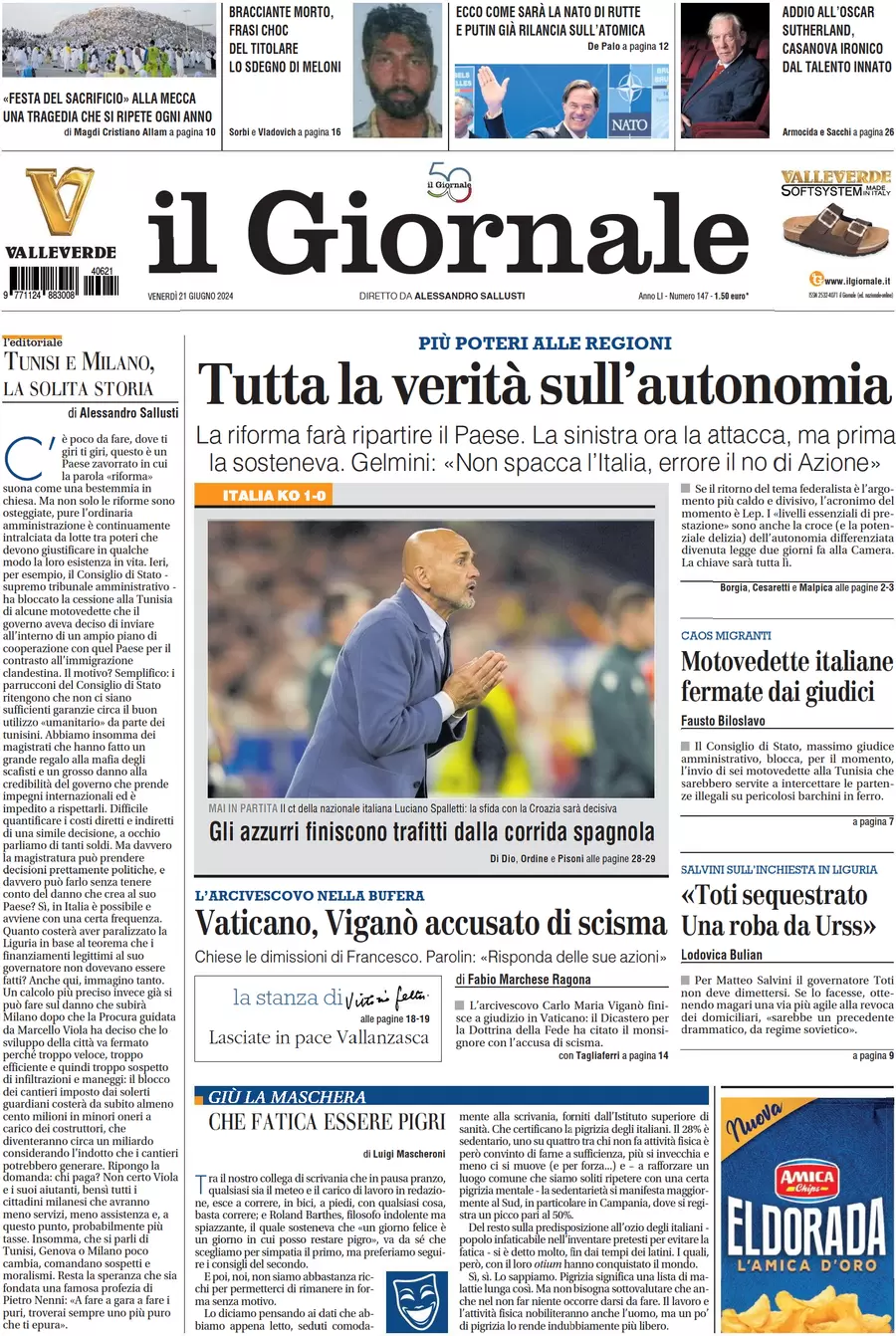 anteprima della prima pagina di il-giornale del 21/06/2024