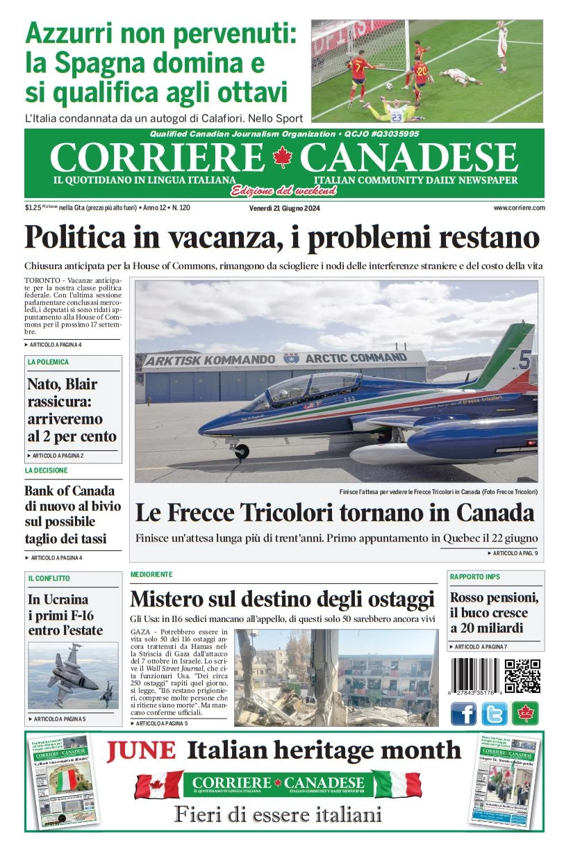 anteprima della prima pagina di corriere-canadese del 21/06/2024