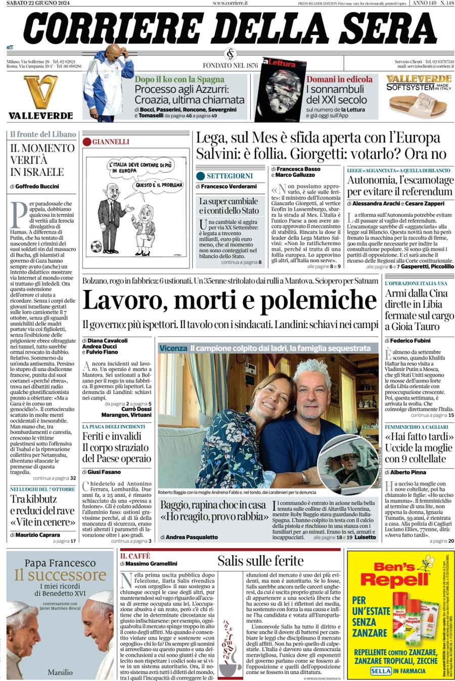 anteprima della prima pagina di corriere-della-sera del 22/06/2024