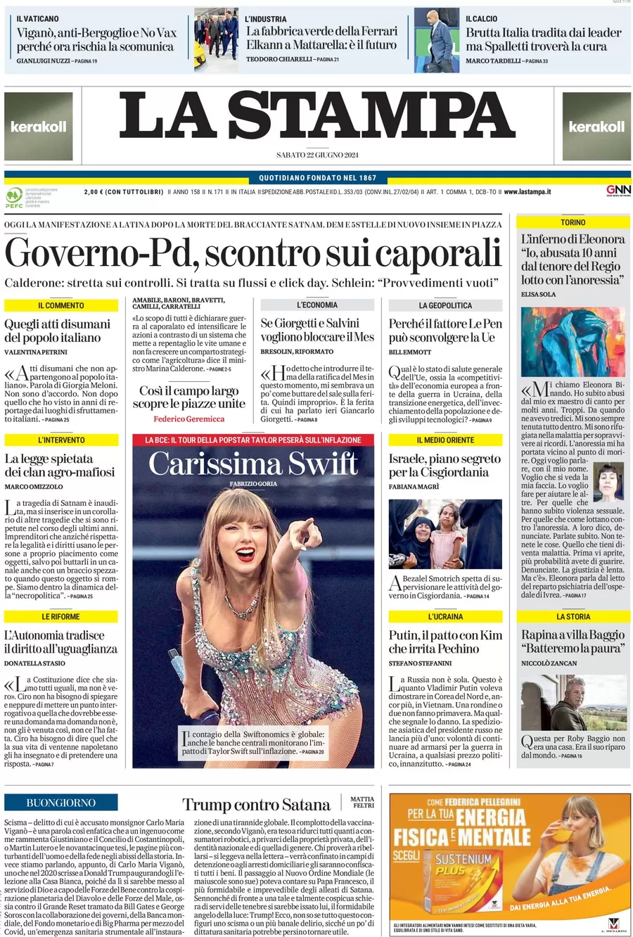 anteprima della prima pagina di la-stampa del 22/06/2024