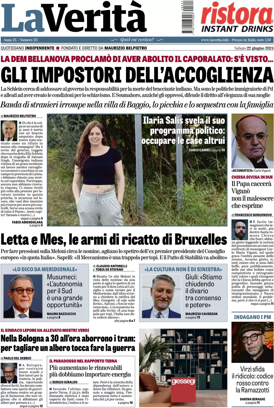anteprima della prima pagina di la-verit del 22/06/2024