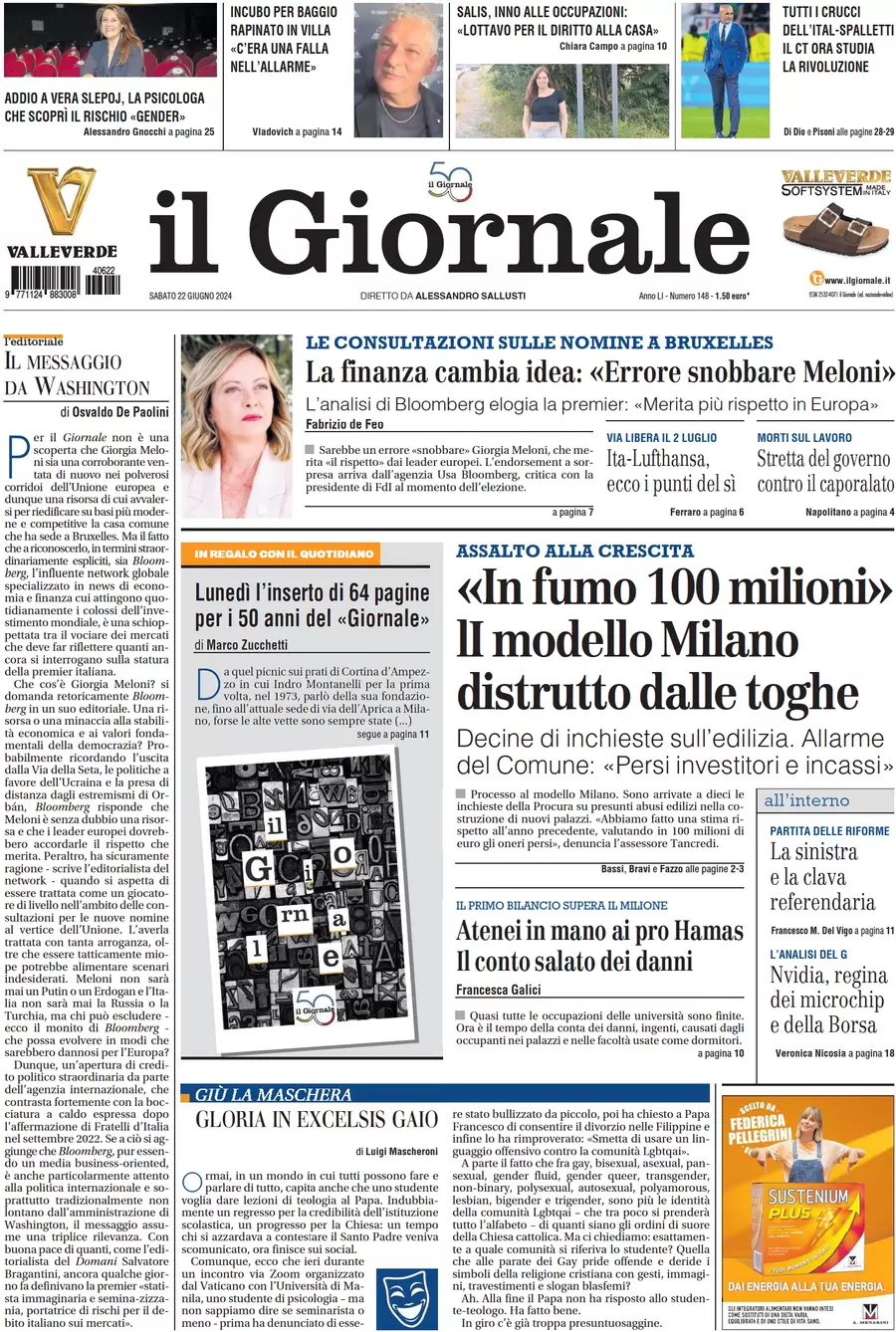 anteprima della prima pagina di il-giornale del 22/06/2024