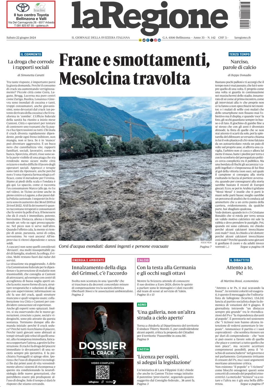anteprima della prima pagina di la-regione del 22/06/2024